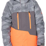 The 686 Junior Geo Insulated Jacket 2023 is predominantly gray with an orange lower section and has a camouflage pattern on the upper body.