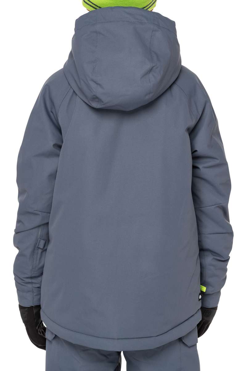 The 686 Junior Geo Insulated Jacket 2023, seen from the back, is dark gray with a hood and black accents.