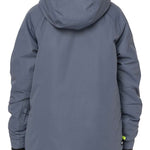 The 686 Junior Geo Insulated Jacket 2023, seen from the back, is dark gray with a hood and black accents.
