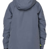 The 686 Junior Geo Insulated Jacket 2023, seen from the back, is dark gray with a hood and black accents.