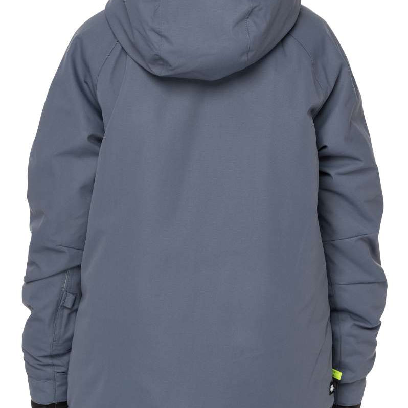 The 686 Junior Geo Insulated Jacket 2023, seen from the back, is dark gray with a hood and black accents.