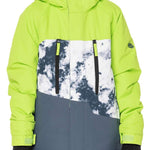 The 686 Junior Geo Insulated Jacket 2023 is predominantly lime green with a gray and white snow pattern on the front, featuring a black zipper and two vertical black zippers with lime green tabs.