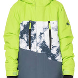 The 686 Junior Geo Insulated Jacket 2023 is predominantly lime green with a gray and white snow pattern on the front, featuring a black zipper and two vertical black zippers with lime green tabs.