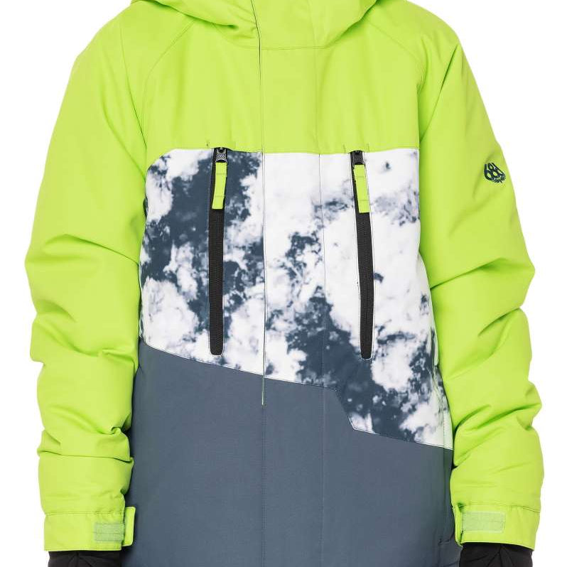 The 686 Junior Geo Insulated Jacket 2023 is predominantly lime green with a gray and white snow pattern on the front, featuring a black zipper and two vertical black zippers with lime green tabs.