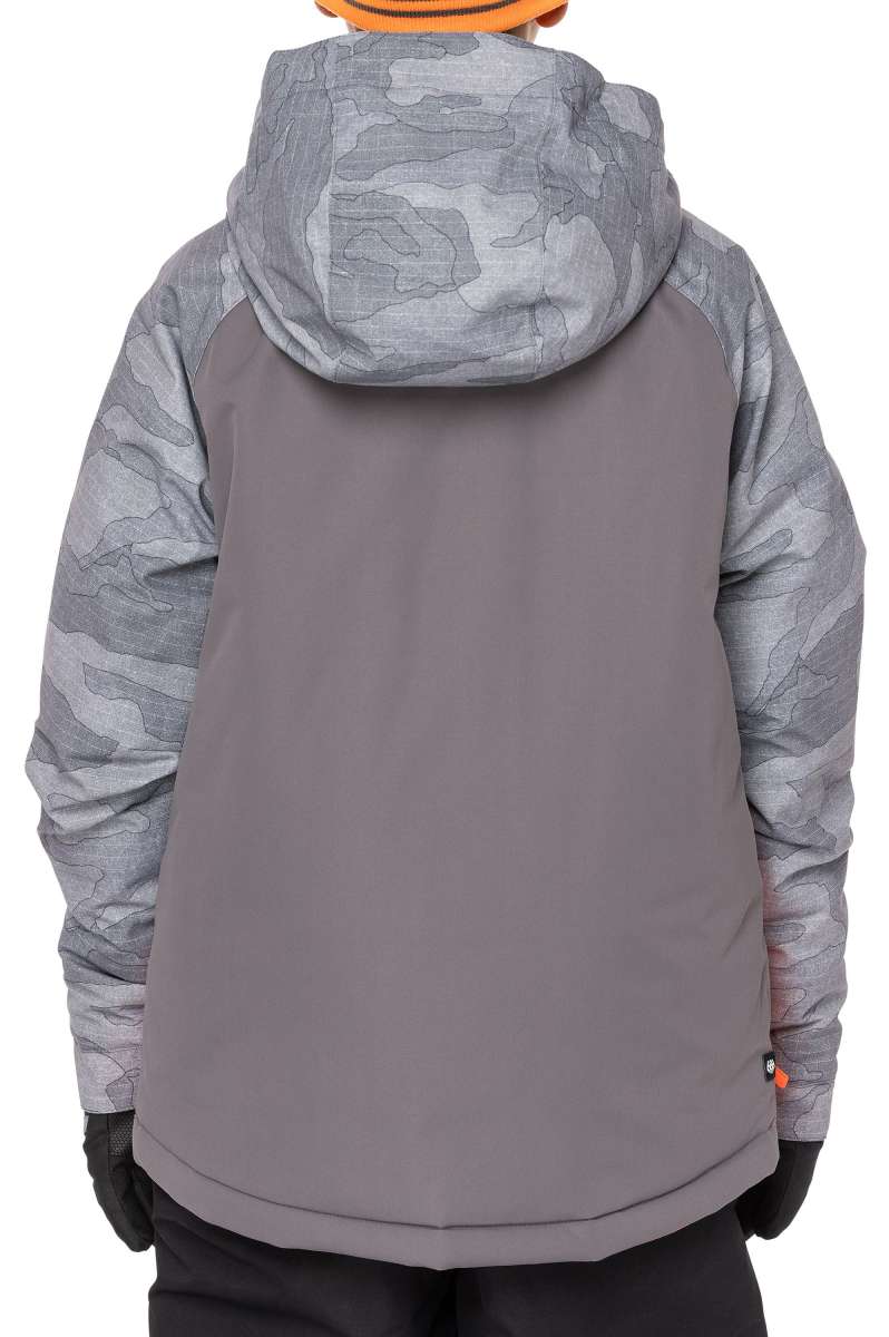 The 686 Junior Geo Insulated Jacket 2023 has a gray and black camouflage pattern on the hood and sleeves.