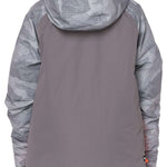 The 686 Junior Geo Insulated Jacket 2023 has a gray and black camouflage pattern on the hood and sleeves.