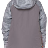The 686 Junior Geo Insulated Jacket 2023 has a gray and black camouflage pattern on the hood and sleeves.