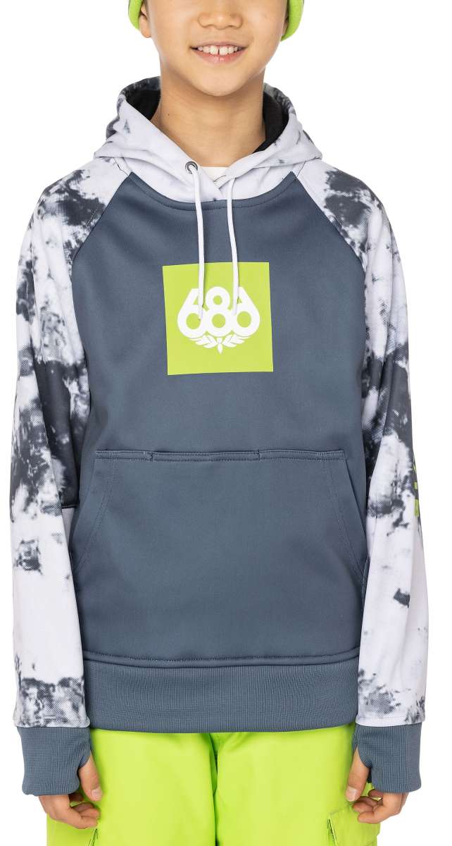 A young boy wearing a gray and white tie-dye hooded sweatshirt with a lime green square on the front featuring the number "686" in white.