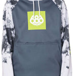 A young boy wearing a gray and white tie-dye hooded sweatshirt with a lime green square on the front featuring the number "686" in white.