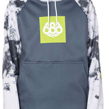 A young boy wearing a gray and white tie-dye hooded sweatshirt with a lime green square on the front featuring the number "686" in white.