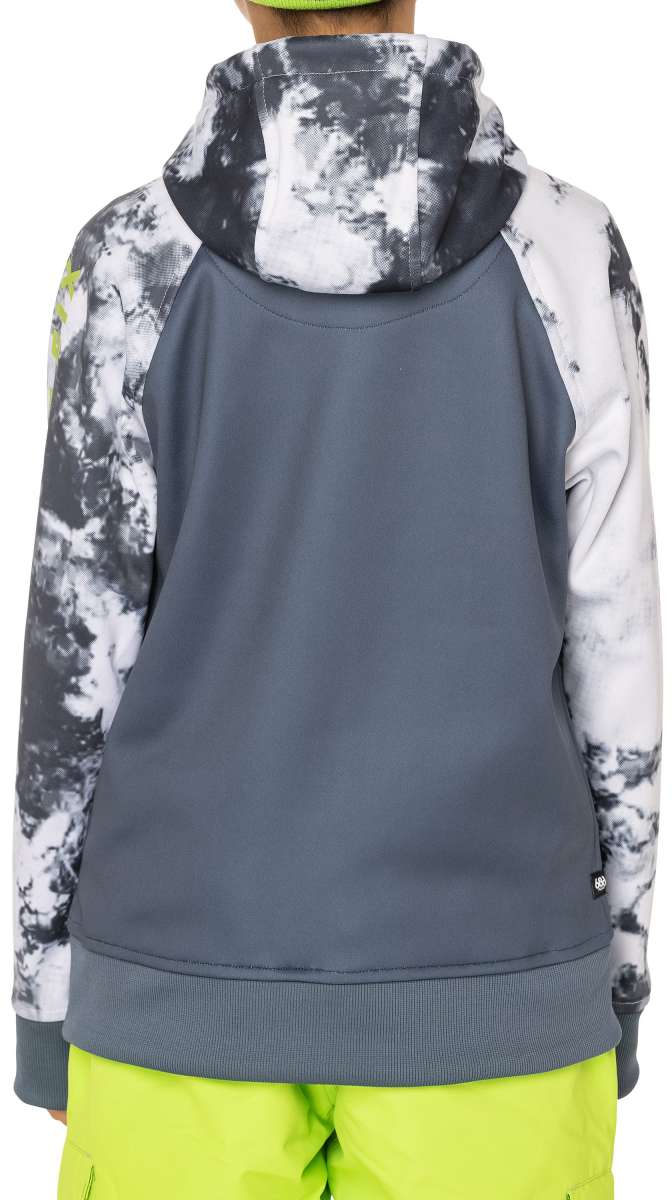 The 686 Junior's Bonded Fleece Pullover Hoodie in black and white features a drawstring hood with an insulated design.