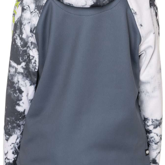 The 686 Junior's Bonded Fleece Pullover Hoodie in black and white features a drawstring hood with an insulated design.