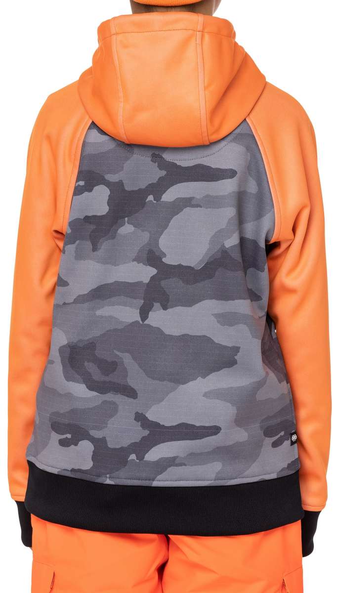 The 686 Juniors Bonded Fleece Pullover Hoodie 2023 in orange has a camouflage pattern on the back and an insulated hood.