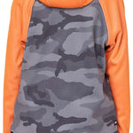 The 686 Juniors Bonded Fleece Pullover Hoodie 2023 in orange has a camouflage pattern on the back and an insulated hood.