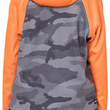 The 686 Juniors Bonded Fleece Pullover Hoodie 2023 in orange has a camouflage pattern on the back and an insulated hood.