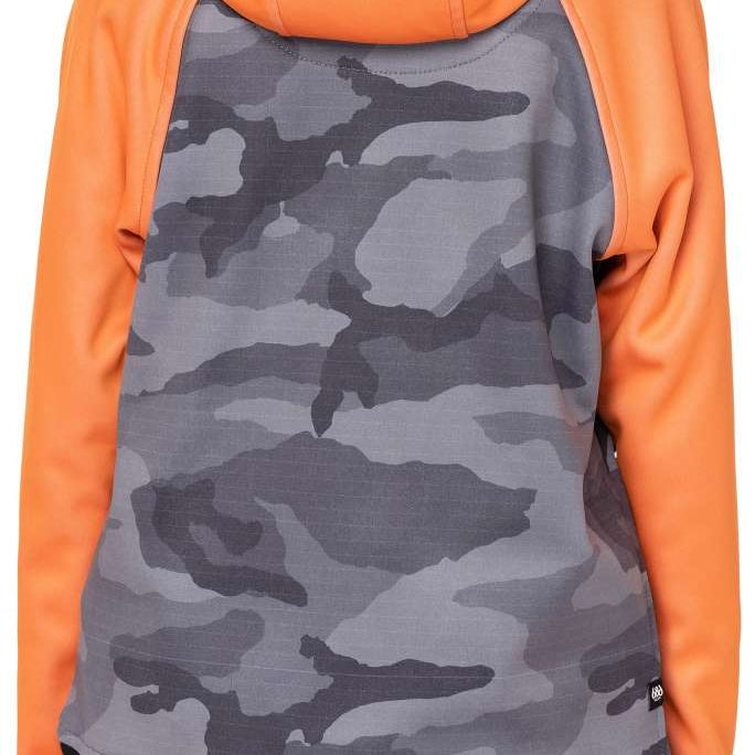 The 686 Juniors Bonded Fleece Pullover Hoodie 2023 in orange has a camouflage pattern on the back and an insulated hood.