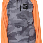 The 686 Juniors Bonded Fleece Pullover Hoodie 2023 features a grey camouflage pattern with orange sleeves and an insulated hood.