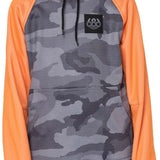 The 686 Juniors Bonded Fleece Pullover Hoodie 2023 features a grey camouflage pattern with orange sleeves and an insulated hood.