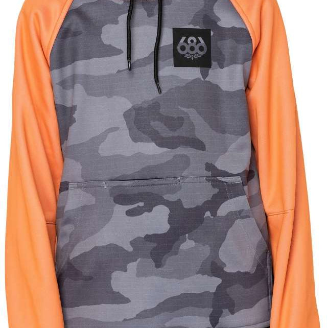 The 686 Juniors Bonded Fleece Pullover Hoodie 2023 features a grey camouflage pattern with orange sleeves and an insulated hood.