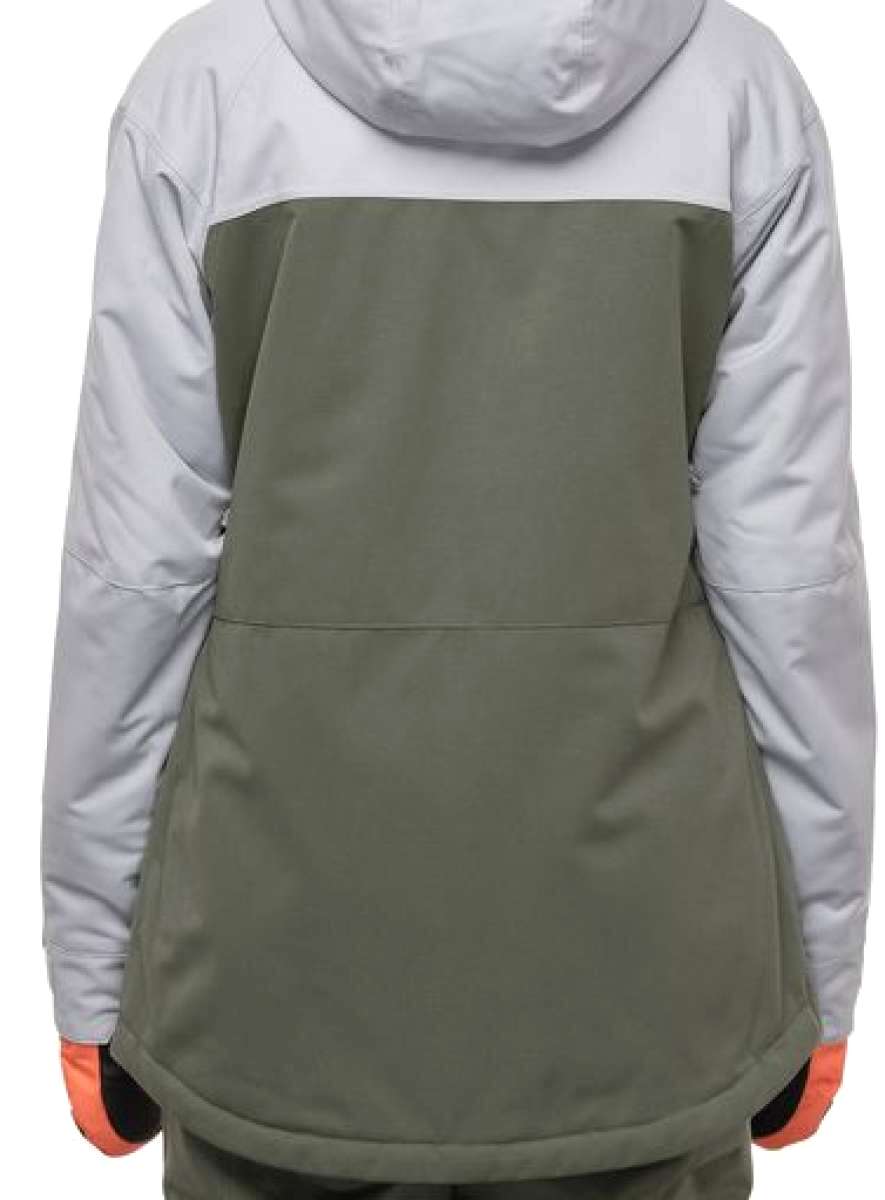 The 686 Women's Athena Insulated Jacket 2022 has an olive green body and light grey sleeves with black accents on the cuffs.