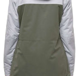 The 686 Women's Athena Insulated Jacket 2022 has an olive green body and light grey sleeves with black accents on the cuffs.