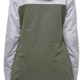 The 686 Women's Athena Insulated Jacket 2022 has an olive green body and light grey sleeves with black accents on the cuffs.