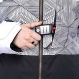 The 686 Women's Athena Insulated Jacket 2022 features a black and white geometric pattern on the chest area with an insulated hood.