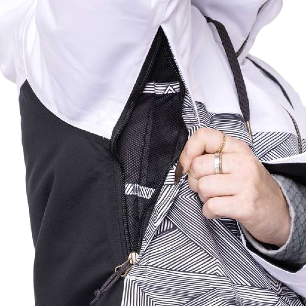 The 686 Women's Athena Insulated Jacket 2022 is predominantly white with black accents and an insulated hood.