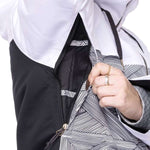 The 686 Women's Athena Insulated Jacket 2022 is predominantly white with black accents and an insulated hood.