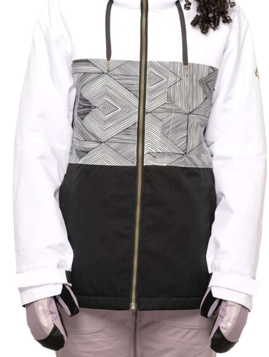 The 686 Women's Athena Insulated Jacket 2022 is predominantly black with a grey geometric pattern on the upper torso.