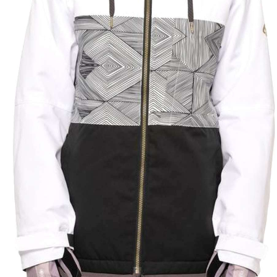 The 686 Women's Athena Insulated Jacket 2022 is predominantly black with a grey geometric pattern on the upper torso.