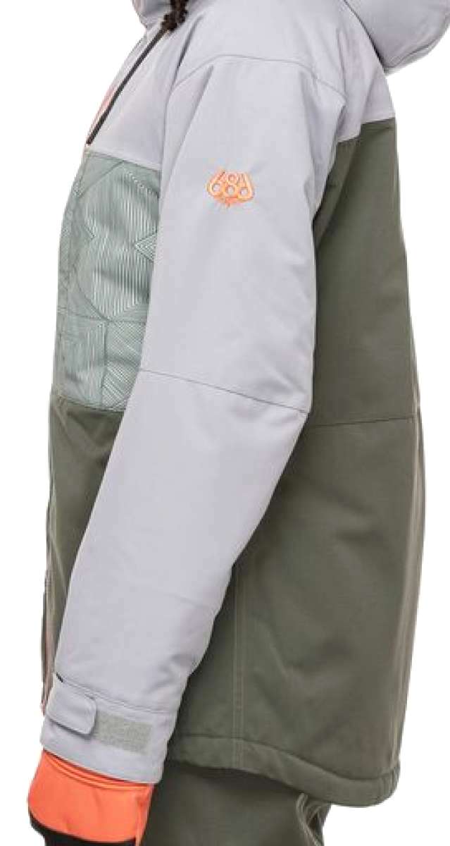 The 686 Women's Athena Insulated Jacket 2022 is predominantly gray with an olive green back panel and orange accents on the cuffs.