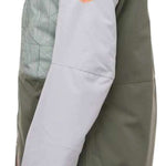 The 686 Women's Athena Insulated Jacket 2022 is predominantly gray with an olive green back panel and orange accents on the cuffs.