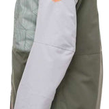 The 686 Women's Athena Insulated Jacket 2022 is predominantly gray with an olive green back panel and orange accents on the cuffs.