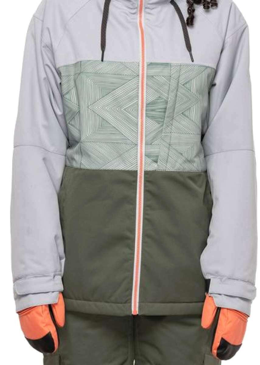 The 686 Women's Athena Insulated Jacket 2022 is predominantly gray with a light green patterned section on the upper chest area and a distinctive coral stripe down the center zipper.