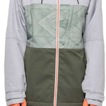 The 686 Women's Athena Insulated Jacket 2022 is predominantly gray with a light green patterned section on the upper chest area and a distinctive coral stripe down the center zipper.