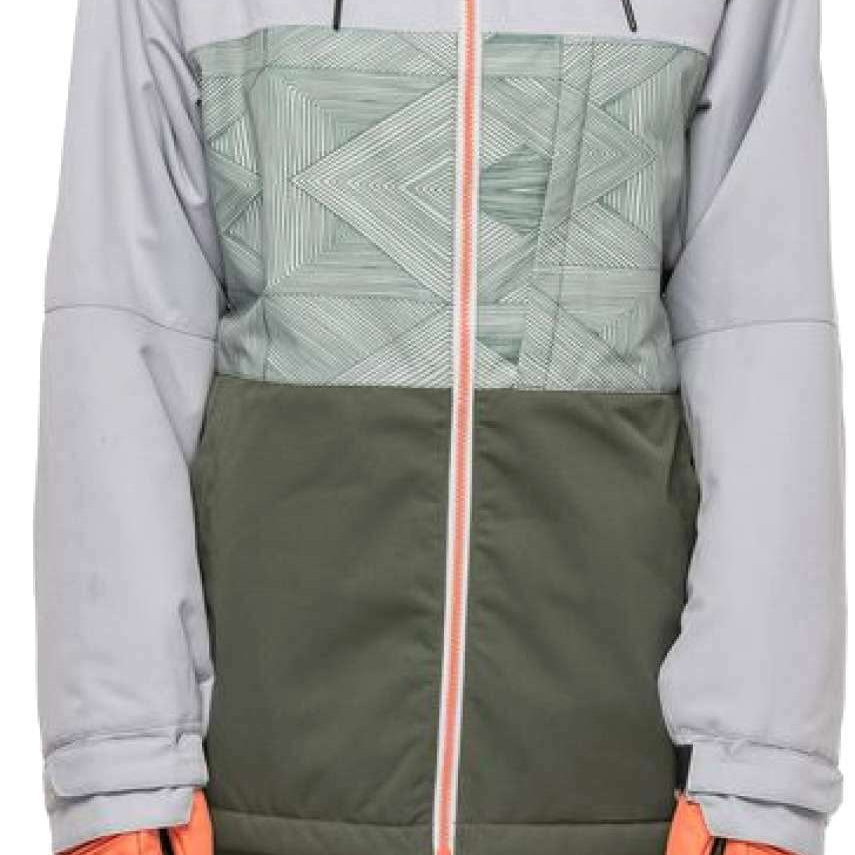 The 686 Women's Athena Insulated Jacket 2022 is predominantly gray with a light green patterned section on the upper chest area and a distinctive coral stripe down the center zipper.