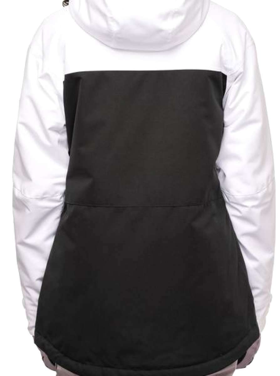 The back view of the 686 Women's Athena Insulated Jacket 2022 showcases a black panel at the waist and appears to be made from white waterproof material.