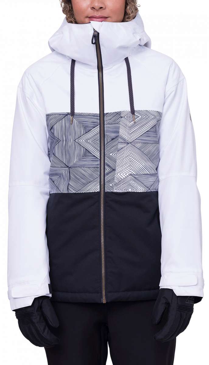 The 686 Women's Athena Insulated Jacket in white and black has an abstract pattern on the front and is shown from a front view.