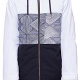 The 686 Women's Athena Insulated Jacket in white and black has an abstract pattern on the front and is shown from a front view.