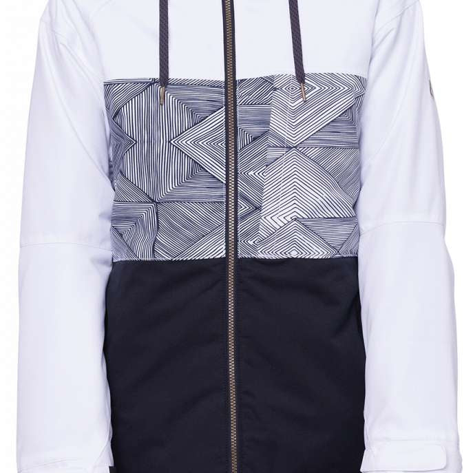 The 686 Women's Athena Insulated Jacket in white and black has an abstract pattern on the front and is shown from a front view.