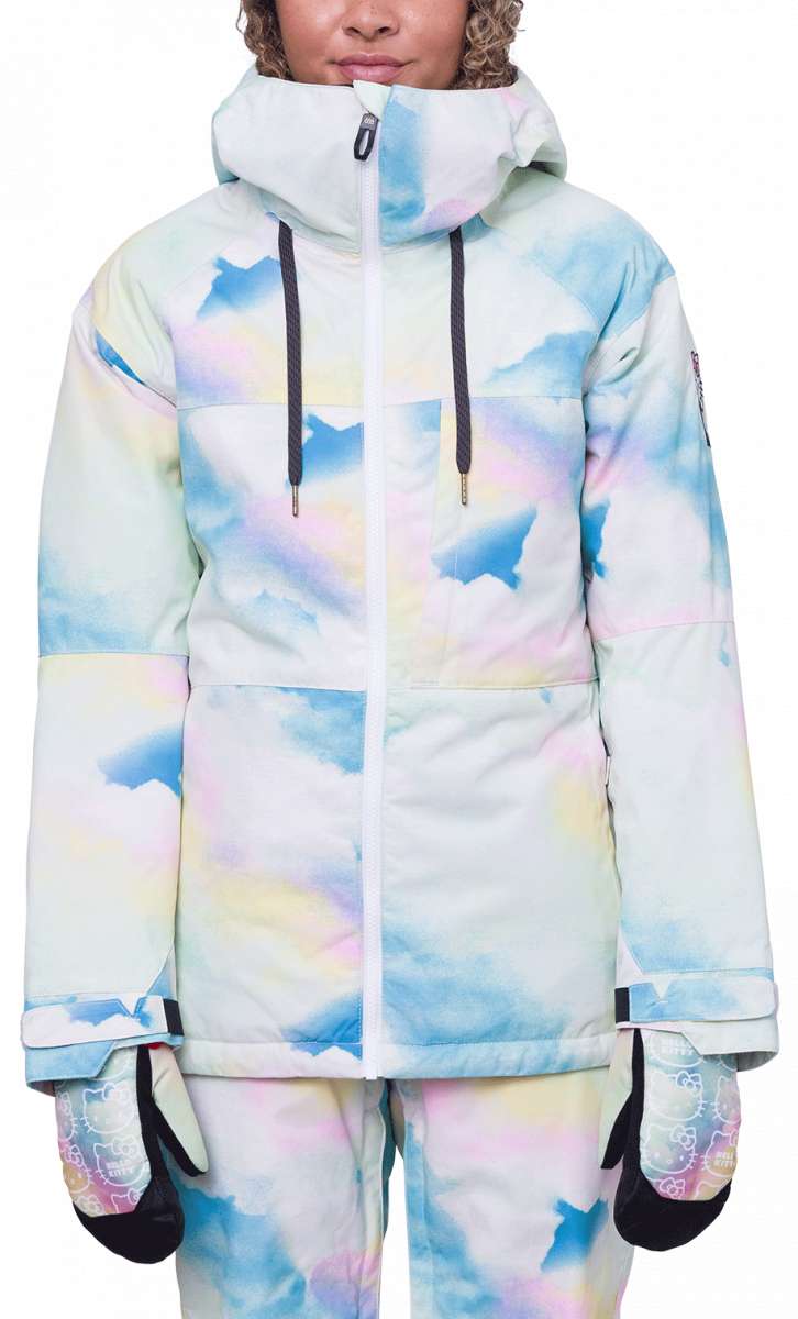 The 686 Women's Athena Insulated Jacket 2024 has a tie-dye design with pastel shades of blue, pink, and yellow, visible on both the front and back views.