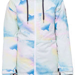 The 686 Women's Athena Insulated Jacket 2024 has a tie-dye design with pastel shades of blue, pink, and yellow, visible on both the front and back views.