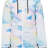 The 686 Women's Athena Insulated Jacket 2024 has a tie-dye design with pastel shades of blue, pink, and yellow, visible on both the front and back views.