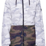 The 686 Women's Athena Insulated Jacket 2024 features a white and grey camouflage pattern with a black zipper running down the front.