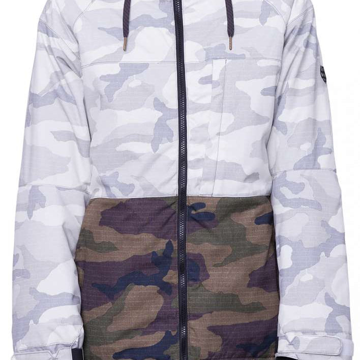 The 686 Women's Athena Insulated Jacket 2024 features a white and grey camouflage pattern with a black zipper running down the front.