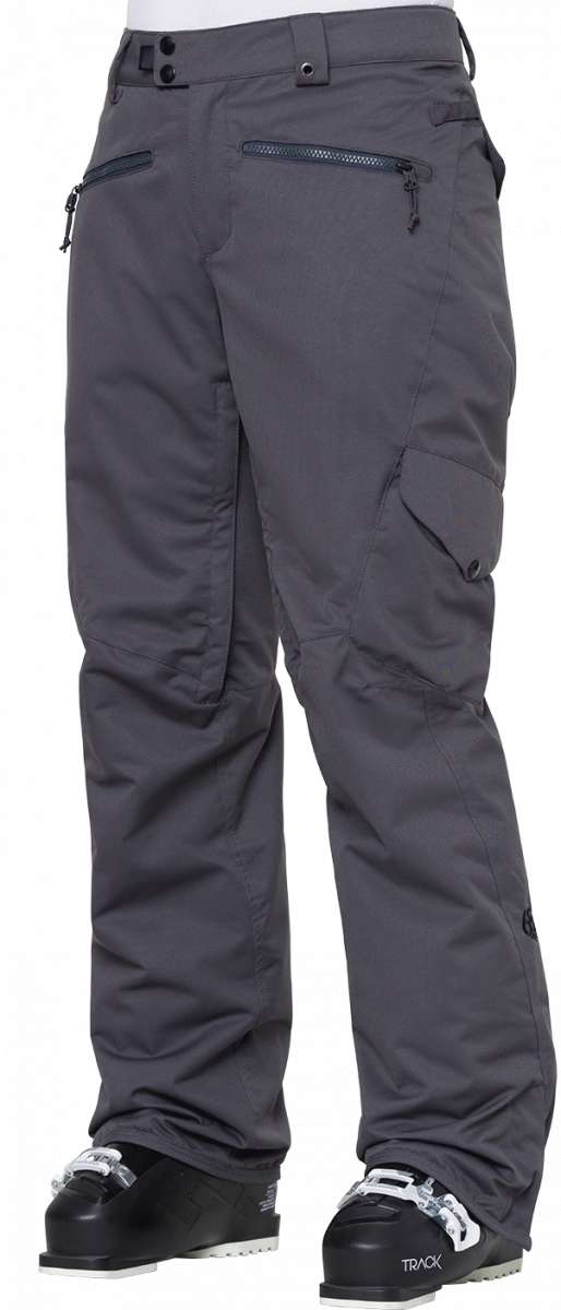 The 686 Women's Aura Insulated Cargo Pant has a dark gray color with black zippers and buttons, visible cargo pockets on the thigh, and a front view.