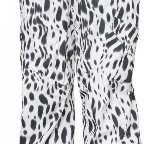 The 686 Women's Aura Insulated Cargo Pant 2024 has a white base color with black spots and features multiple zippered pockets on both sides.