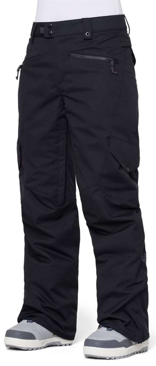 The 686 Women's Aura Insulated Cargo Pant 2024 is black with zippered cargo pockets on the thighs and an adjustable waistband.