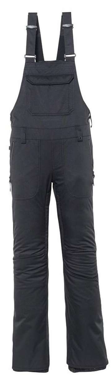 The black bib overalls have an insulated hood and are designed for women.